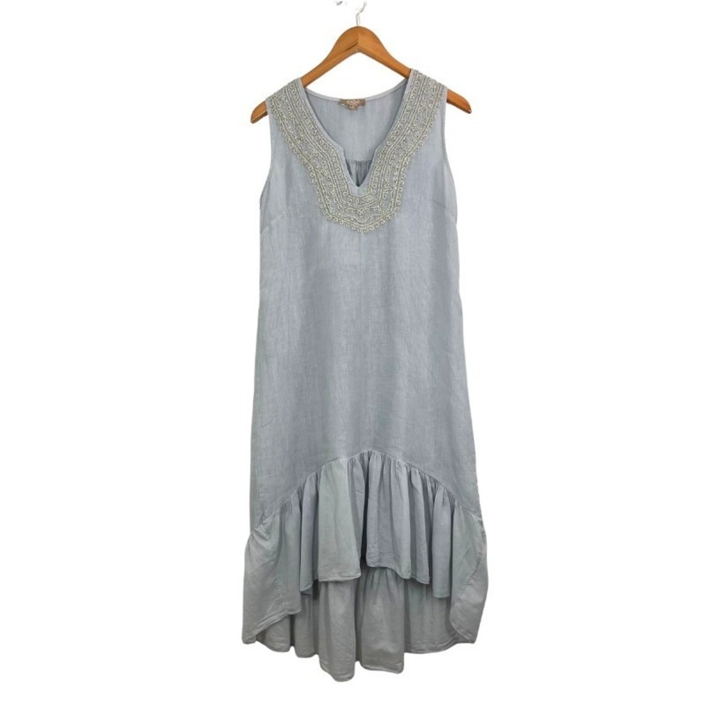 Carla Conti Italy Dress S Gray Blue Embroidered Linen Cotton Midi Boho Lagenlook
